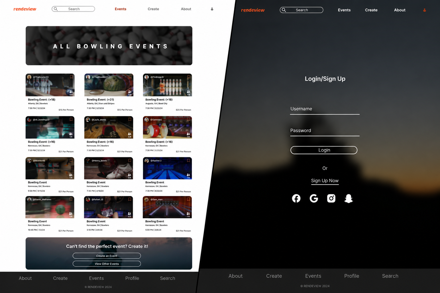 Rendeview hero: All Bowling Events list and Login/Sign Up screens