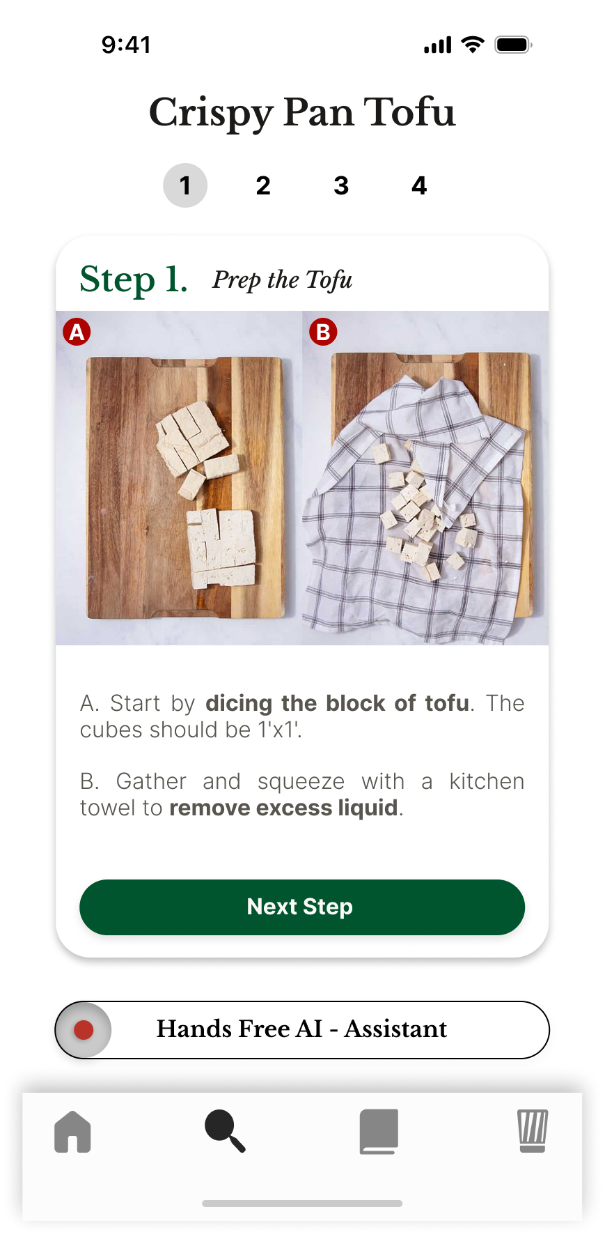 Sage step 1 — Prep the Tofu: dice the block of tofu into 1×1 cubes, then gather and squeeze with a kitchen towel to remove excess liquid