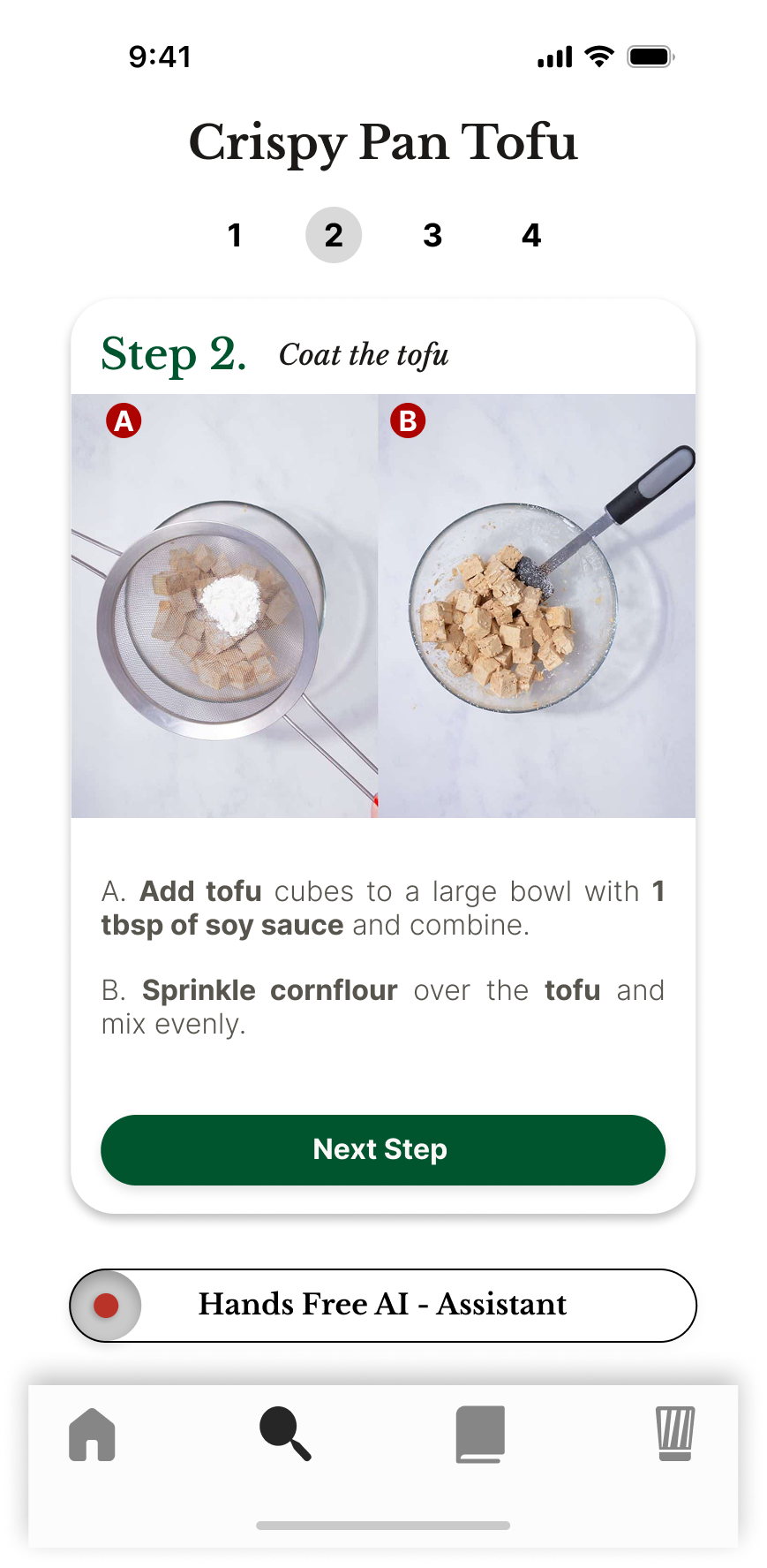 Sage step 2 — Coat the Tofu: add cubes to a bowl with soy sauce and sprinkle cornflour over the top, mixing evenly