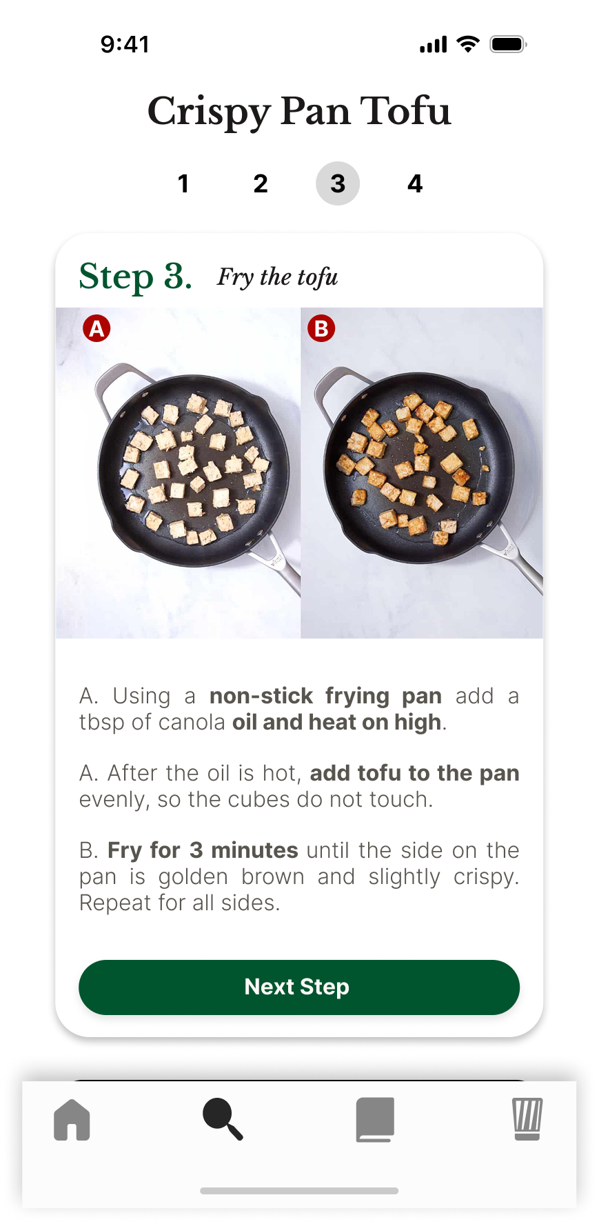 Sage step 3 — Fry the Tofu: heat canola oil on high in a non-stick frying pan and fry tofu for three minutes per side until golden brown and crispy