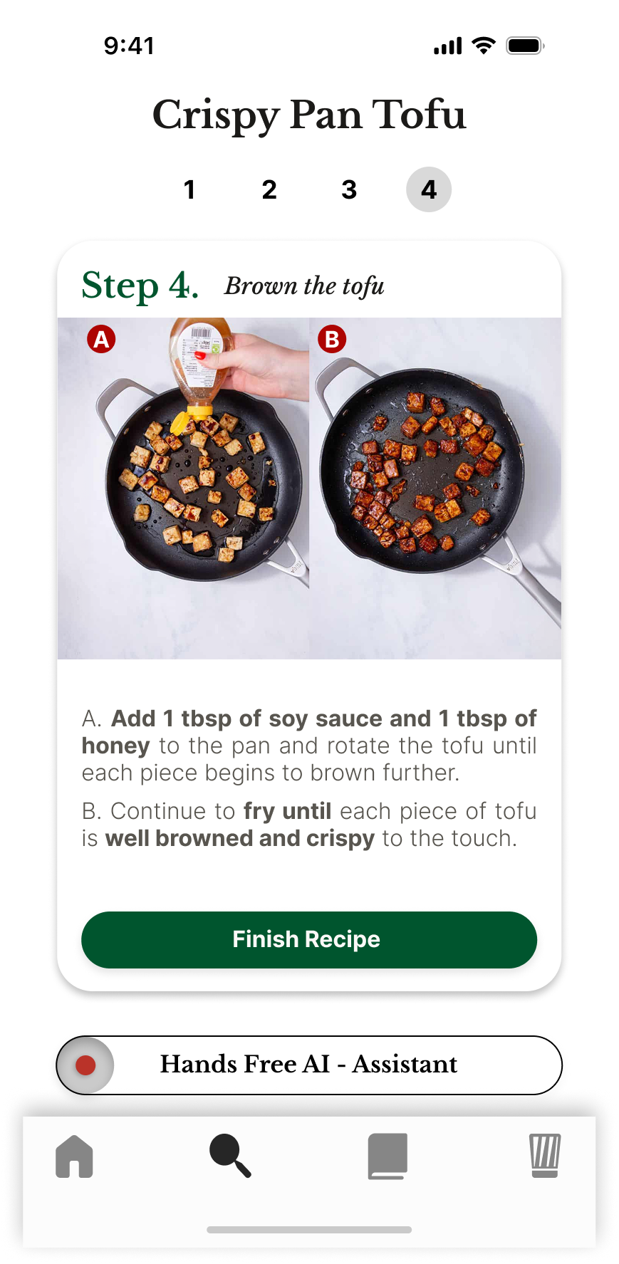 Sage step 4 — Brown the Tofu: add soy sauce and honey to the pan, rotate the tofu until each piece is well browned and crispy to the touch